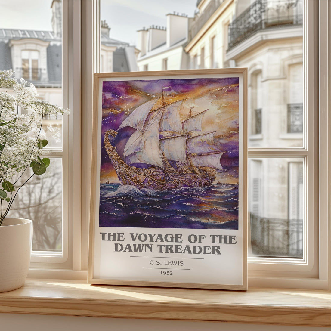 The Voyage of the Dawn Treader book cover print framed by window – literary home decor