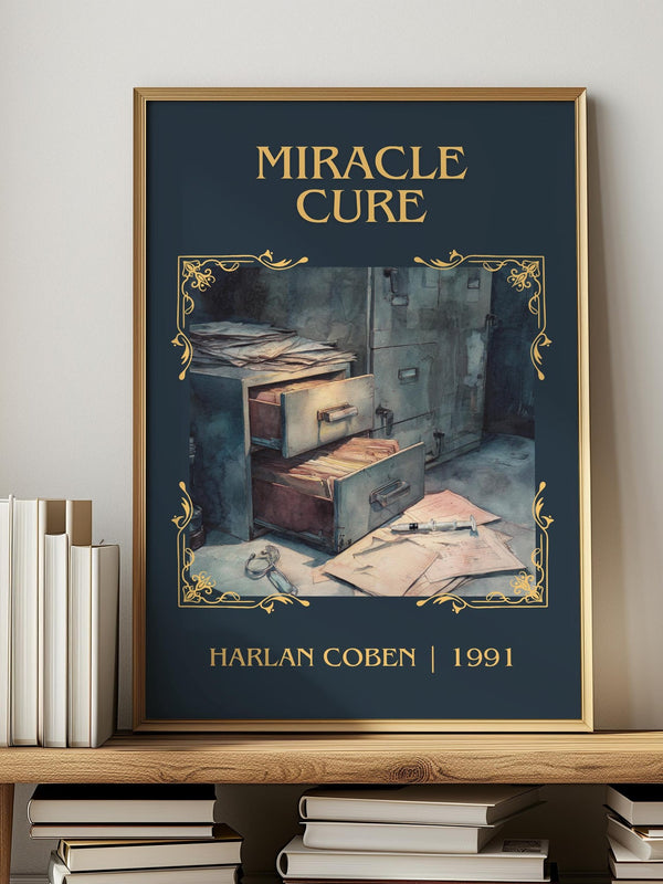 Miracle Cure classic book art print in frame leaning in hallway – thriller wall art