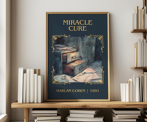 Miracle Cure classic book art print in frame leaning in hallway – thriller wall art