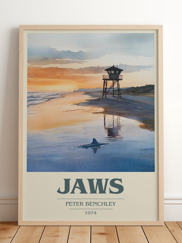 Jaws book cover print in frame leaning in hallway – thriller wall art