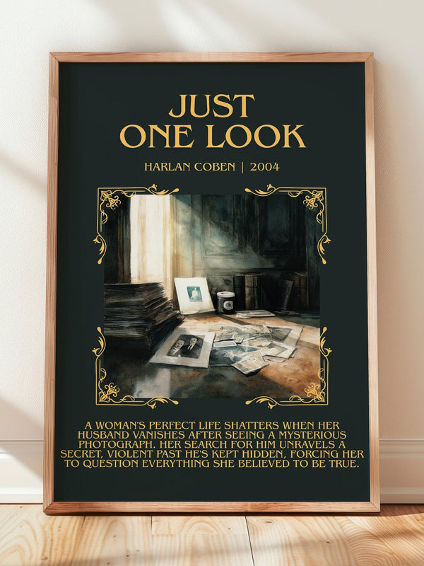 Just One Look minimalist print in frame leaning in hallway – thriller wall art