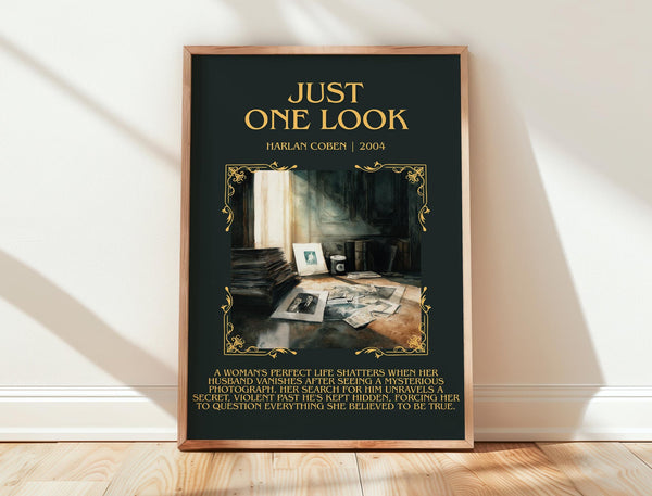 Just One Look minimalist print in frame leaning in hallway – thriller wall art