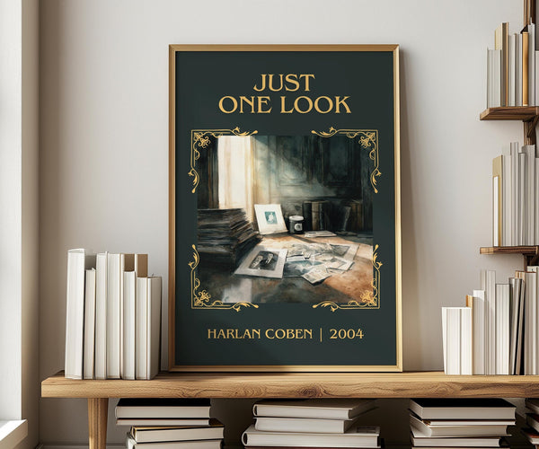 Just One Look classic book art print in frame leaning in hallway – thriller wall art