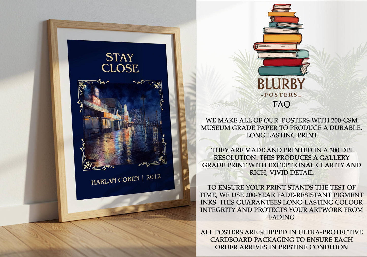 Stay Close by Harlan Coben Descriptive Poster Print. Free Delivery Wall Art Author & Blurb Book Artwork