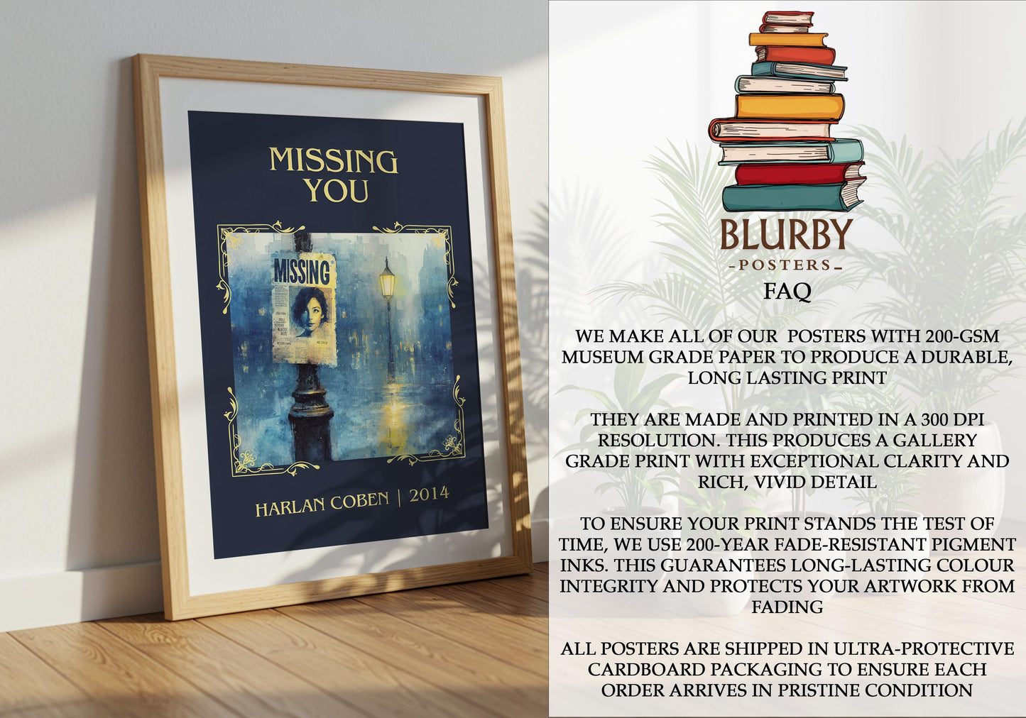 Missing You by Harlan Coben Descriptive Poster Print. Free Delivery Wall Art Author & Blurb Book Artwork