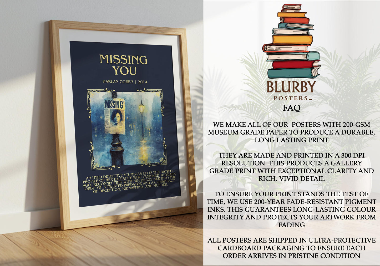Missing You by Harlan Coben Descriptive Poster Print. Free Delivery Wall Art Author & Blurb Book Artwork