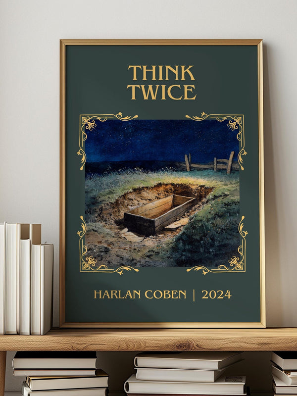 Think Twice classic book art print in frame leaning in hallway – thriller wall art