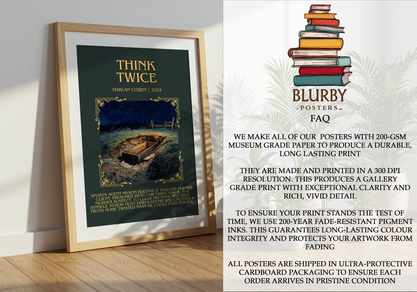 Think Twice by Harlan Coben Descriptive Poster Print. Free Delivery Wall Art Author & Blurb Book Artwork