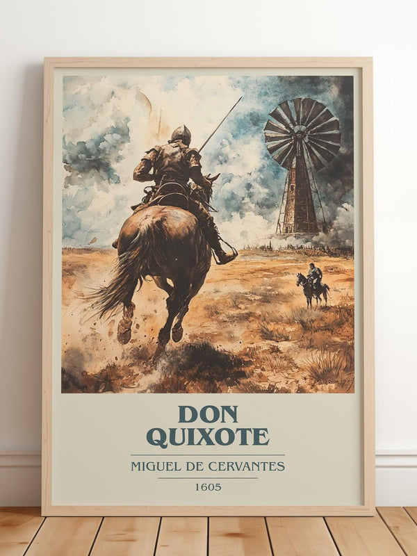 Don Quixote book cover print in frame leaning in hallway – classic literature wall art