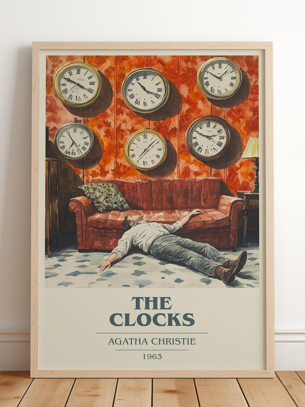 The Clocks book cover print in frame leaning in hallway – mystery wall art