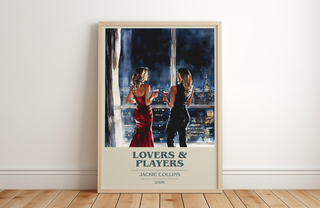 Lovers and Players book cover print in frame leaning in hallway – romance wall art (mockup)