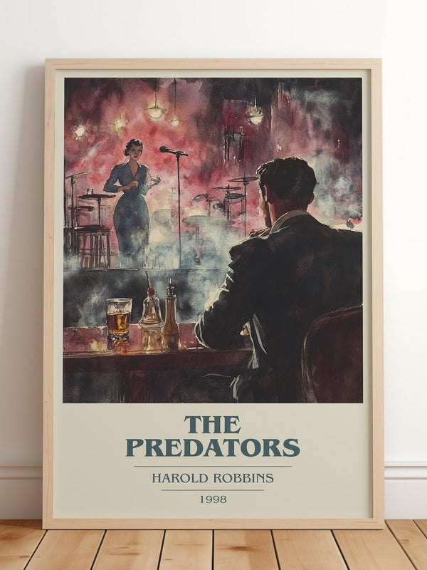 The Predators book cover print in frame leaning in hallway – thriller wall art