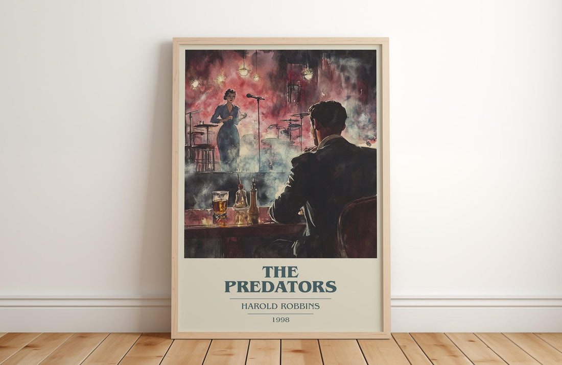The Predators book cover print in frame leaning in hallway – thriller wall art (mockup)