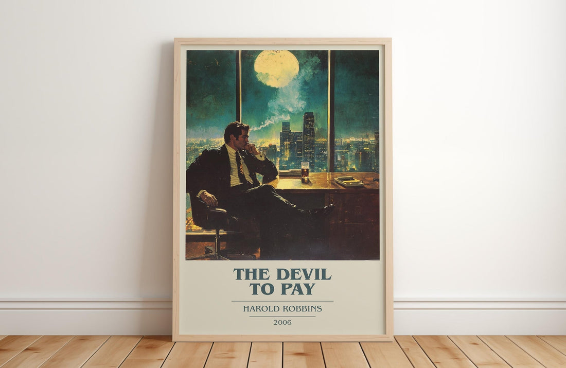 The Devil To Pay book cover print in frame leaning in hallway – thriller wall art (mockup)