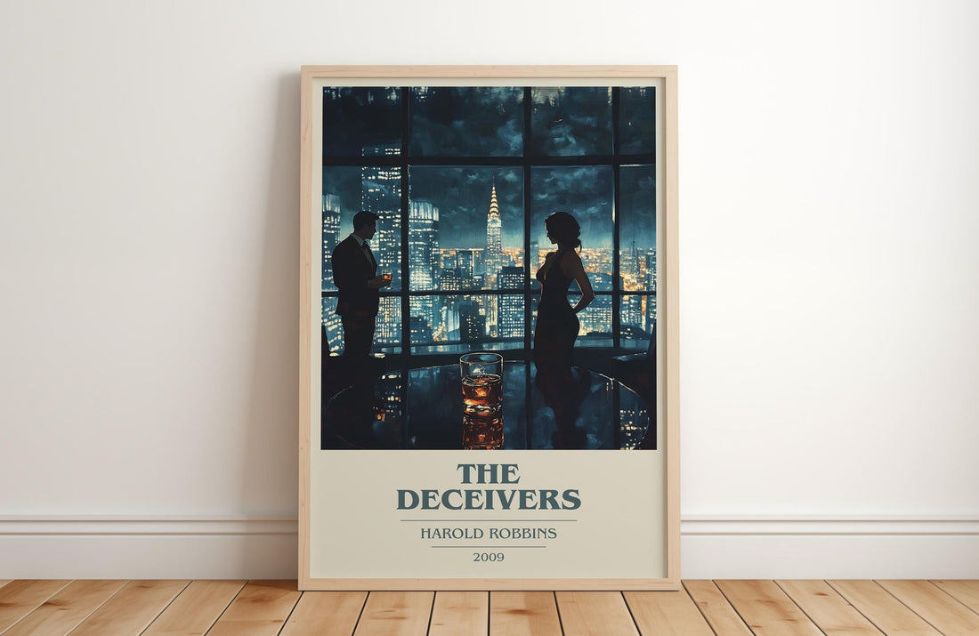 The Deceivers book cover print in frame leaning in hallway – thriller wall art (mockup)