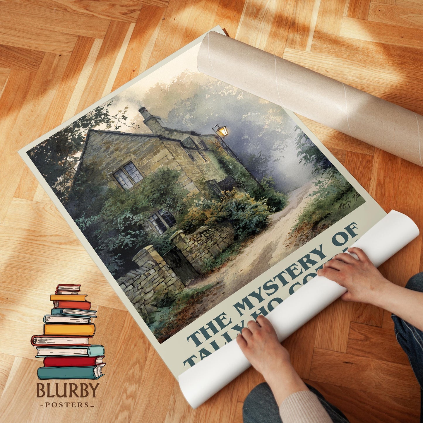 The Mystery of Tally-ho Cottage book poster packaging – museum-quality print rolled in protective tube