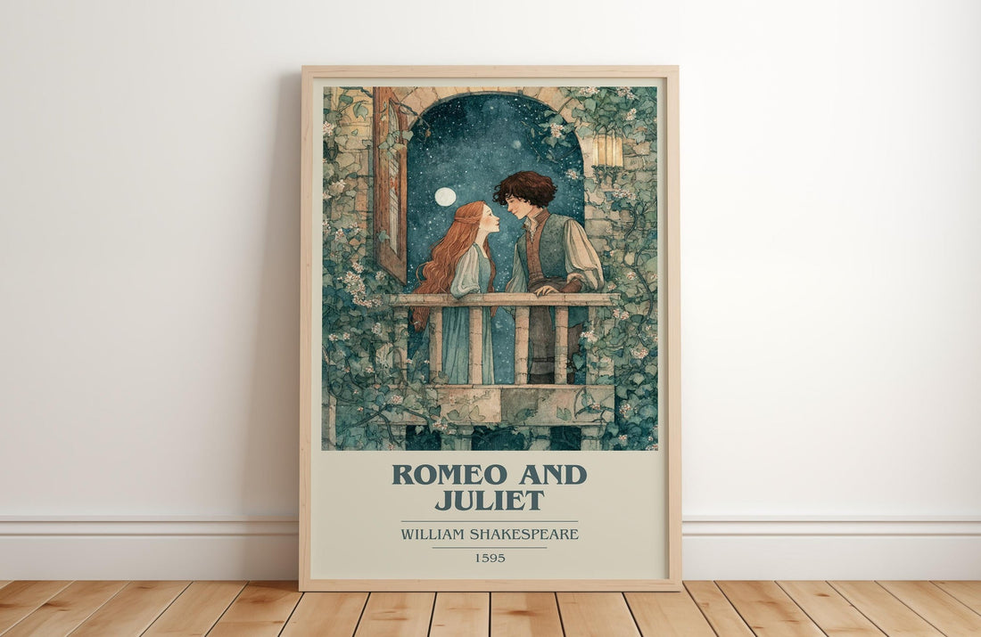 Romeo and Juliet book cover print in frame leaning in hallway – classic literature wall art (mockup)
