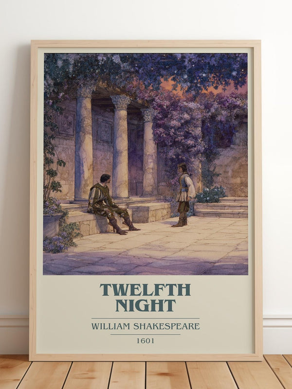 Twelfth Night book cover print in frame leaning in hallway – classic literature wall art