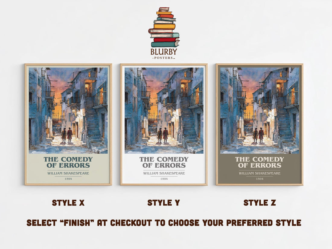 The Comedy of Errors book cover print in frame leaning in hallway – classic literature wall art (mockup)