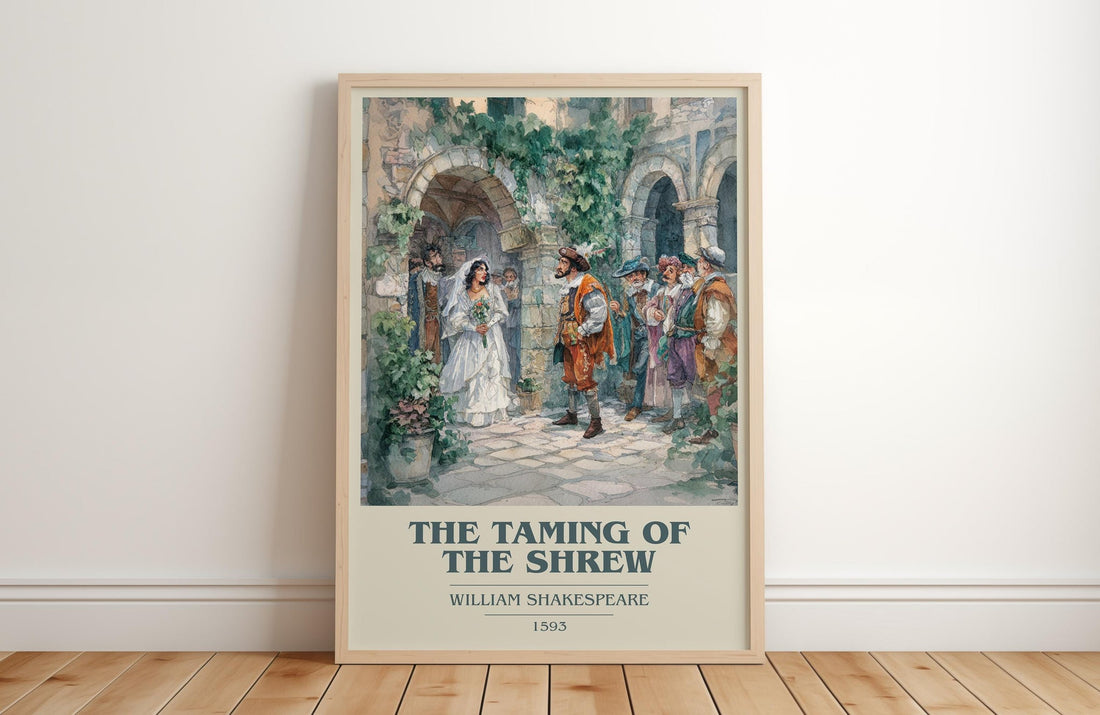 The Taming of the Shrew book cover print in frame leaning in hallway – classic literature wall art (mockup)