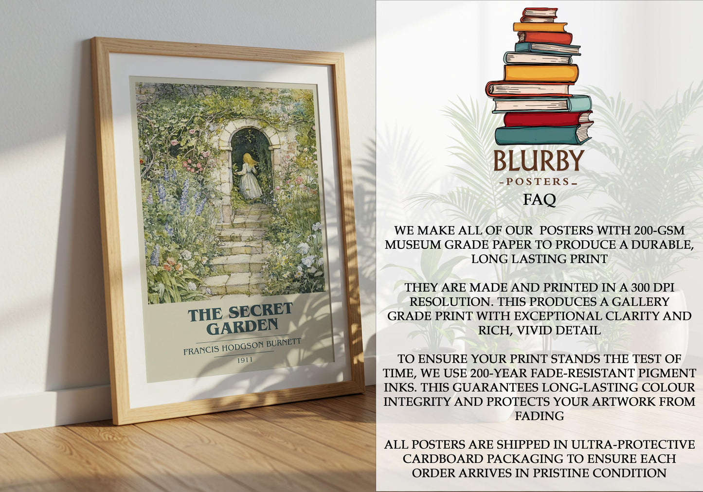 The Secret Garden by Frances Hodgson Burnett Descriptive Poster Print. Free Delivery Wall Art Author & Blurb Book Artwork Novel