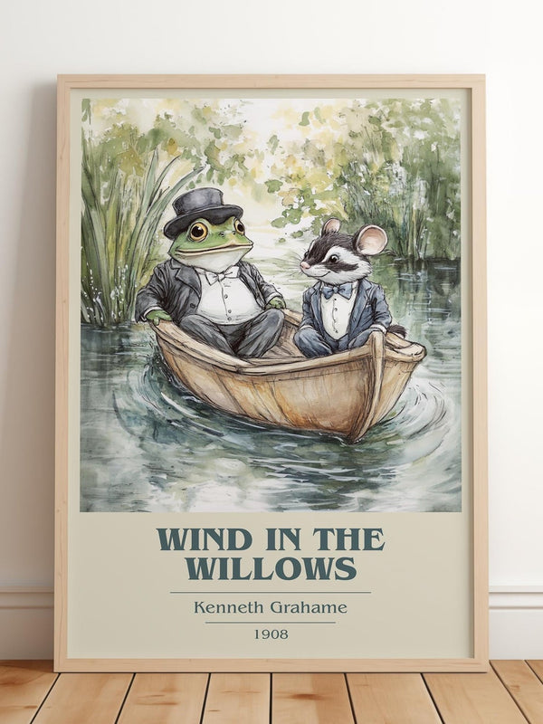 The Wind in the Willows book cover print in frame leaning in hallway – childrens wall art