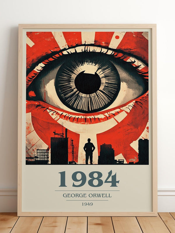 1984 book cover print in frame leaning in hallway – dystopian wall art