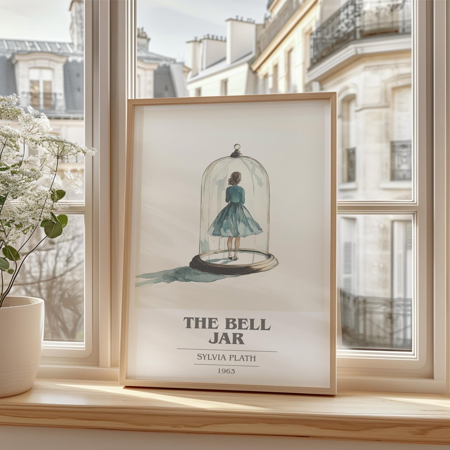 The Bell Jar book cover print framed by window – literary home decor