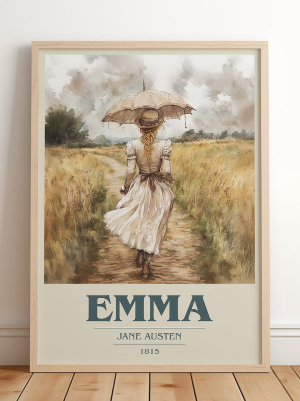 Emma book cover print in frame leaning in hallway – classic literature wall art