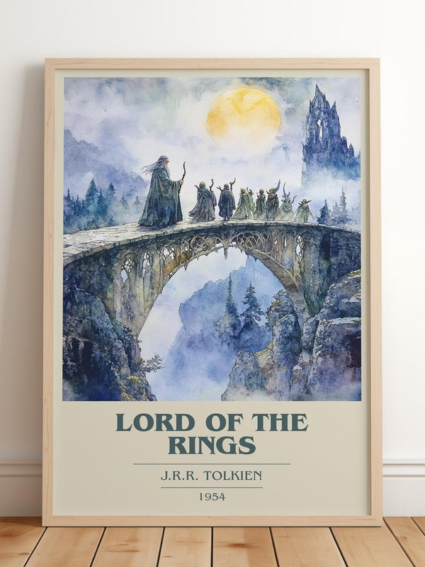 Lord Of The Rings book cover print in frame leaning in hallway – fantasy wall art