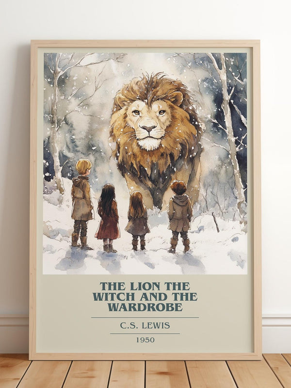 The Lion, the Witch and the Wardrobe book cover print in frame leaning in hallway – fantasy wall art