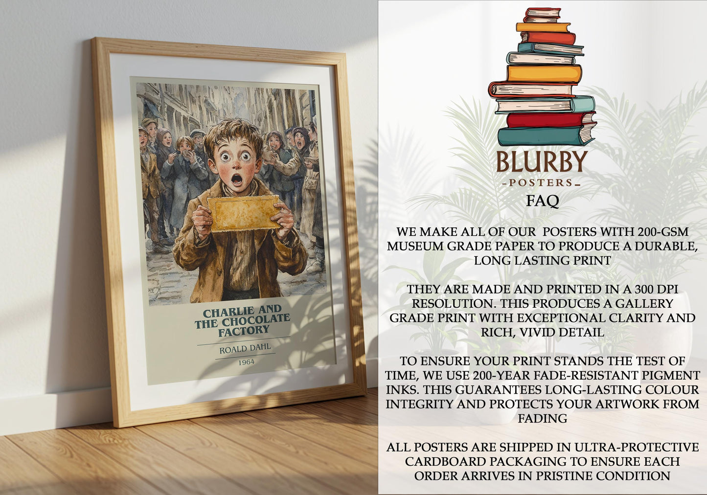 Charlie and the Chocolate Factory by Roald Dahl Descriptive Poster Print. Free Delivery Wall Art Author & Blurb Book Artwork Novel