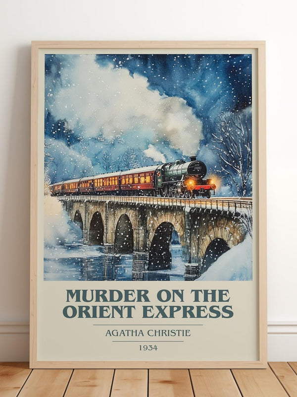 Murder On The Orient Express book cover print in frame leaning in hallway – mystery wall art