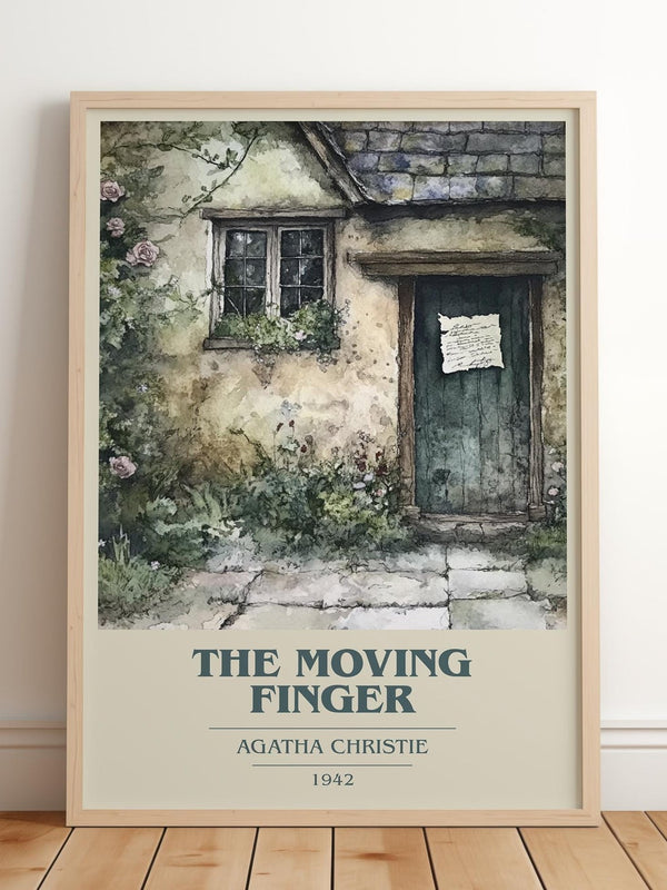 The Moving Finger book cover print in frame leaning in hallway – mystery wall art