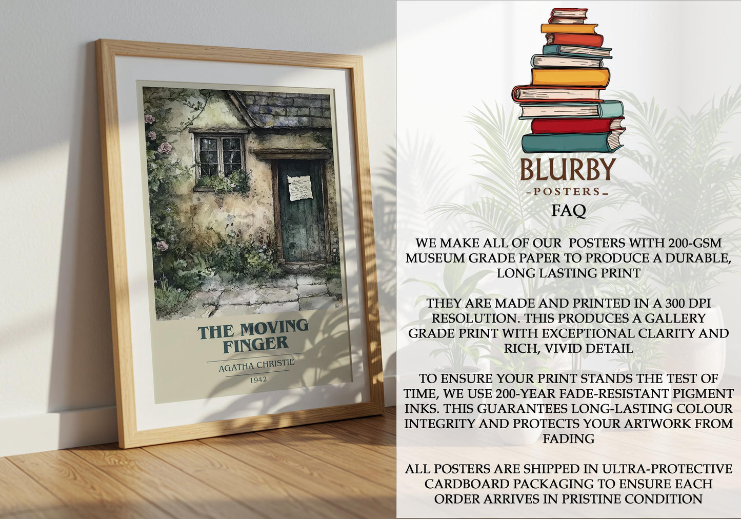 The Moving Finger by Agatha Christie Descriptive Poster Print. Free Delivery Wall Art Author & Blurb Book Artwork Novel