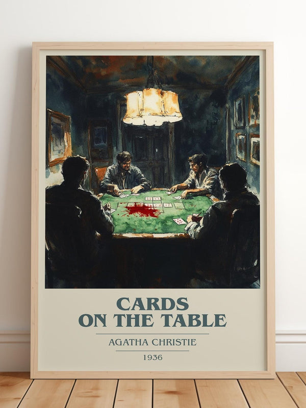 Cards on the Table book cover print in frame leaning in hallway – mystery wall art