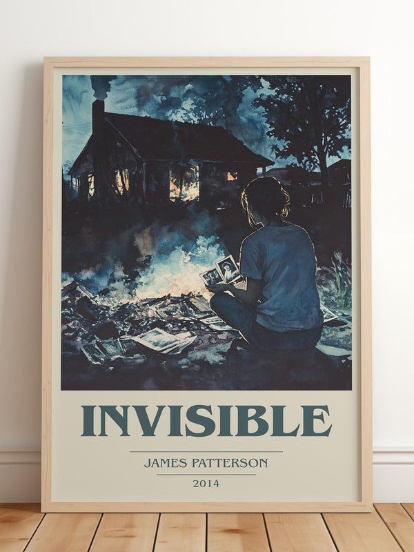 Invisible book cover print in frame leaning in hallway – thriller wall art