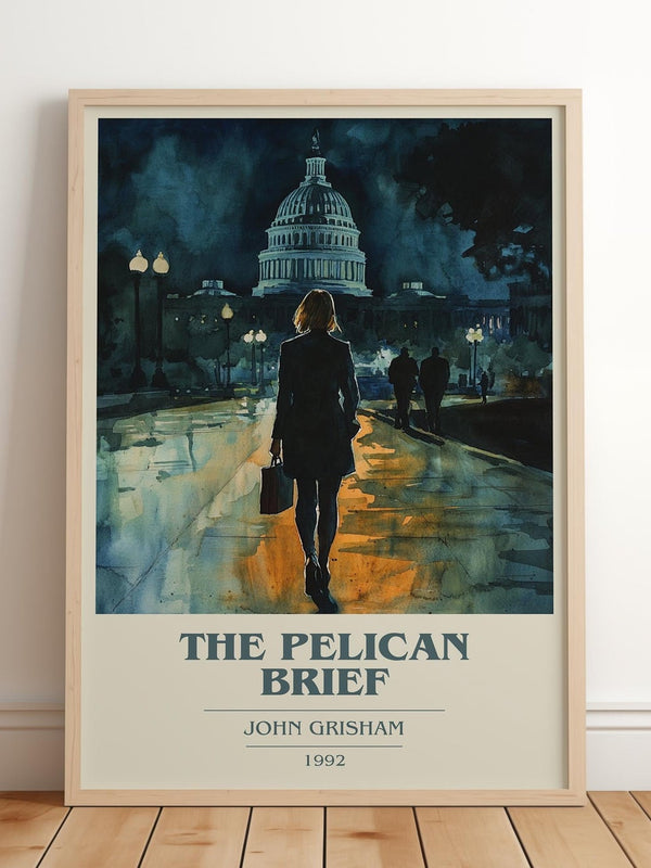 The Pelican Brief book cover print in frame leaning in hallway – thriller wall art