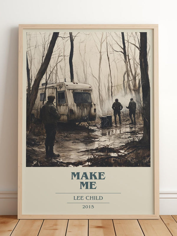Make Me book cover print in frame leaning in hallway – thriller wall art