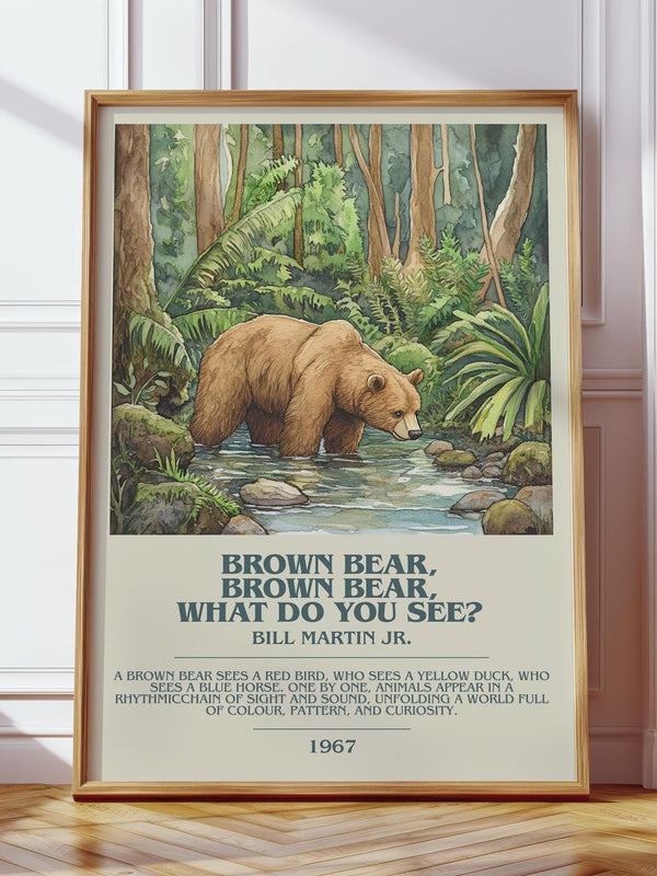 Brown Bear, Brown Bear, What Do You See? bookish print in frame leaning in hallway – mystery wall art