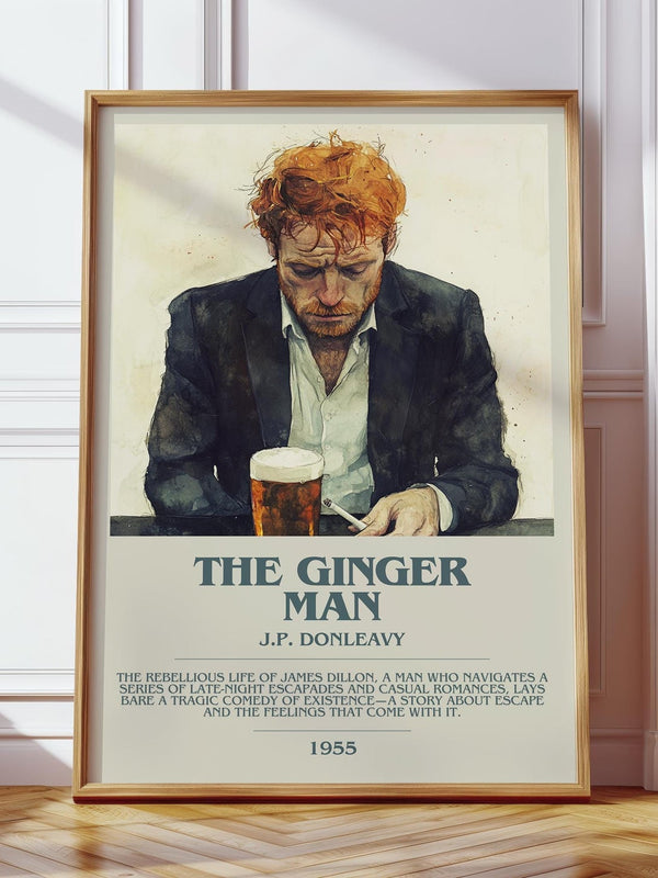 The Ginger Man bookish print in frame leaning in hallway – coming of age wall art