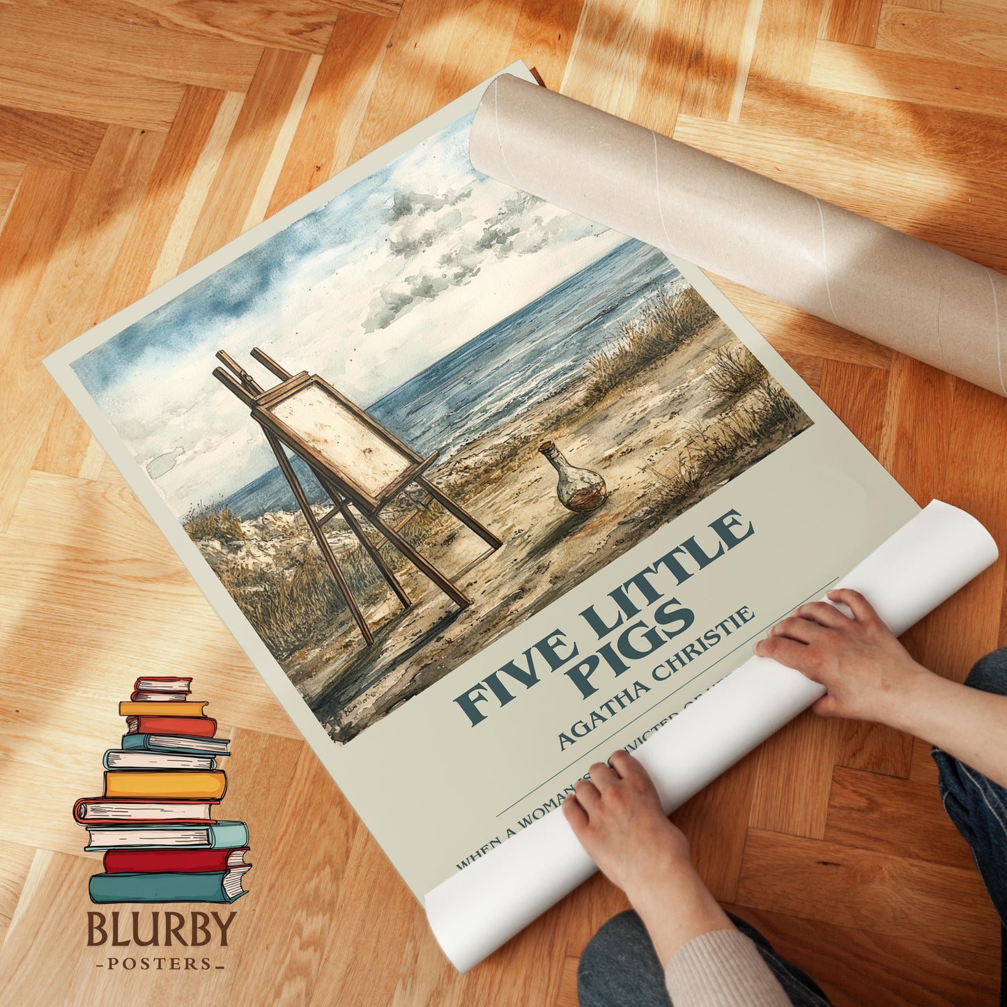 Five Little Pigs book poster packaging – museum-quality print rolled in protective tube