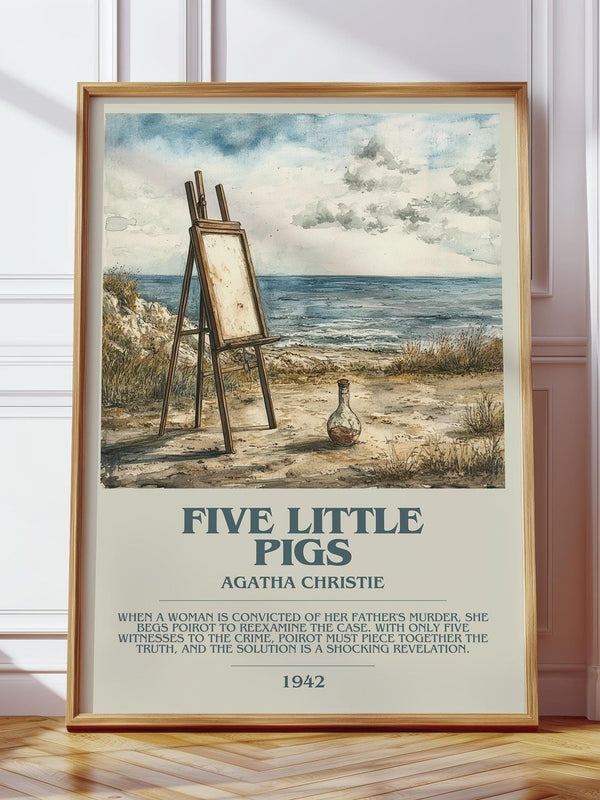 Five Little Pigs bookish print in frame leaning in hallway – mystery wall art