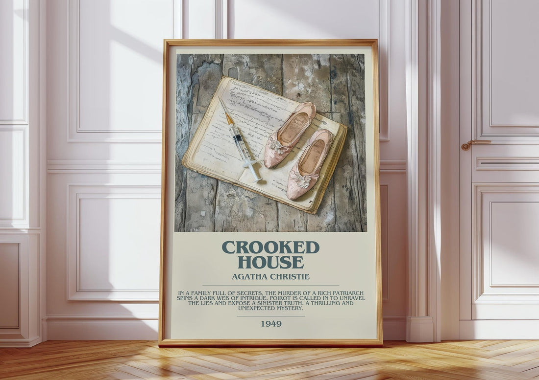 Crooked House bookish print in frame leaning in hallway – crime wall art (mockup)