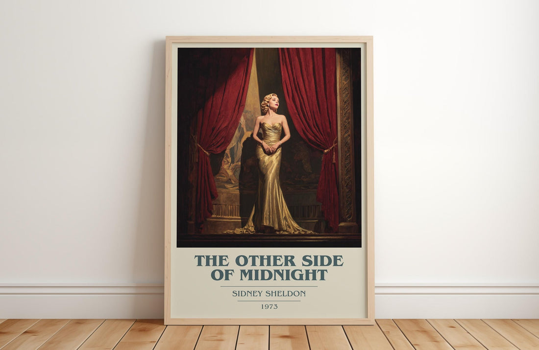 The Other Side of Midnight book cover print in frame leaning in hallway – romance wall art (mockup)