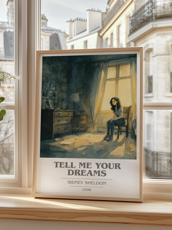 Tell Me Your Dreams book cover print in frame leaning in hallway – thriller wall art