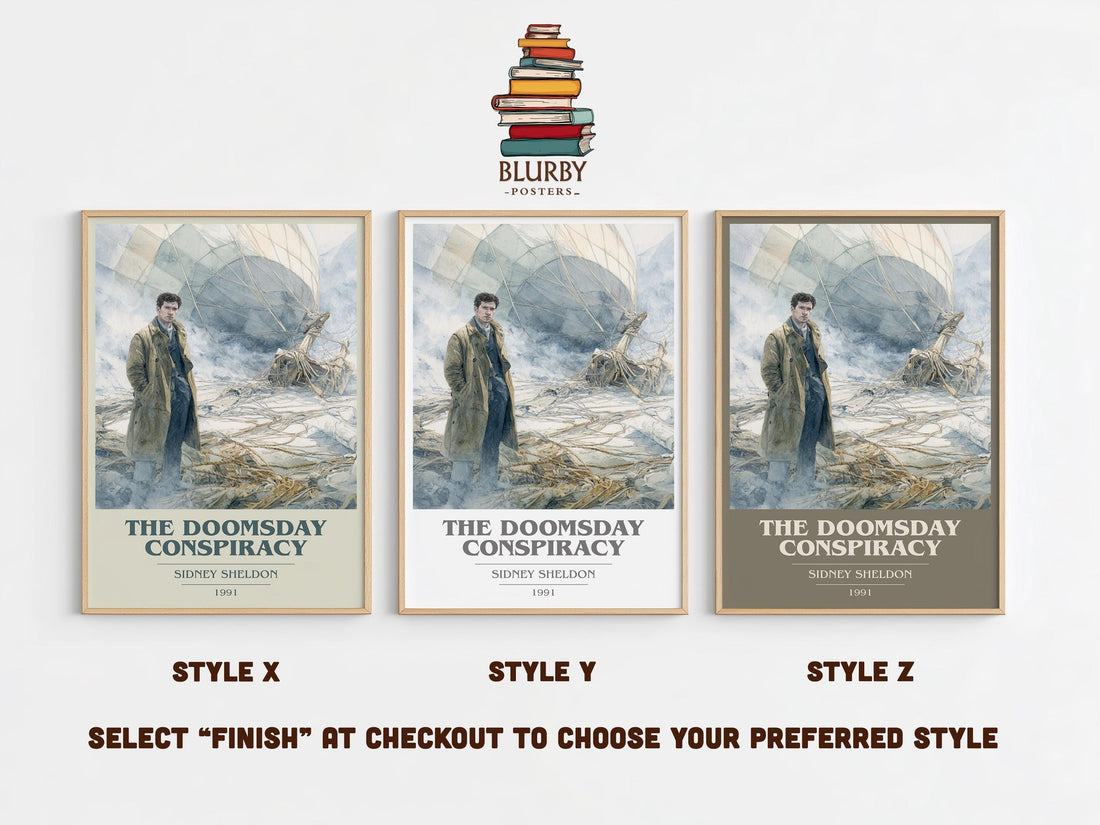 The Doomsday Conspiracy book cover print in frame leaning in hallway – thriller wall art (mockup)
