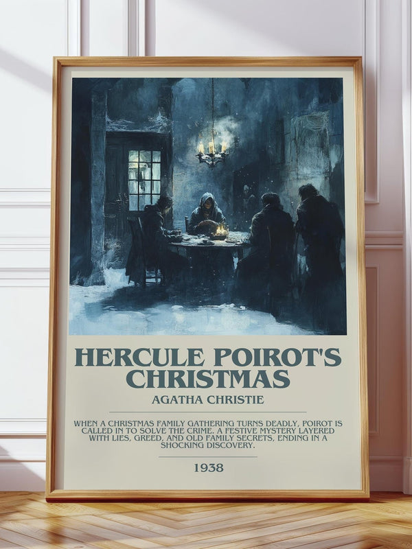 Hercule Poirot's Christmas bookish print in frame leaning in hallway – mystery wall art