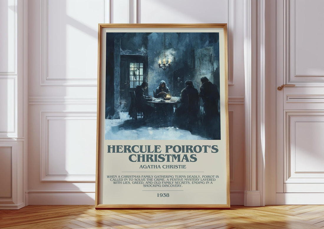 Hercule Poirot's Christmas bookish print in frame leaning in hallway – mystery wall art (mockup)