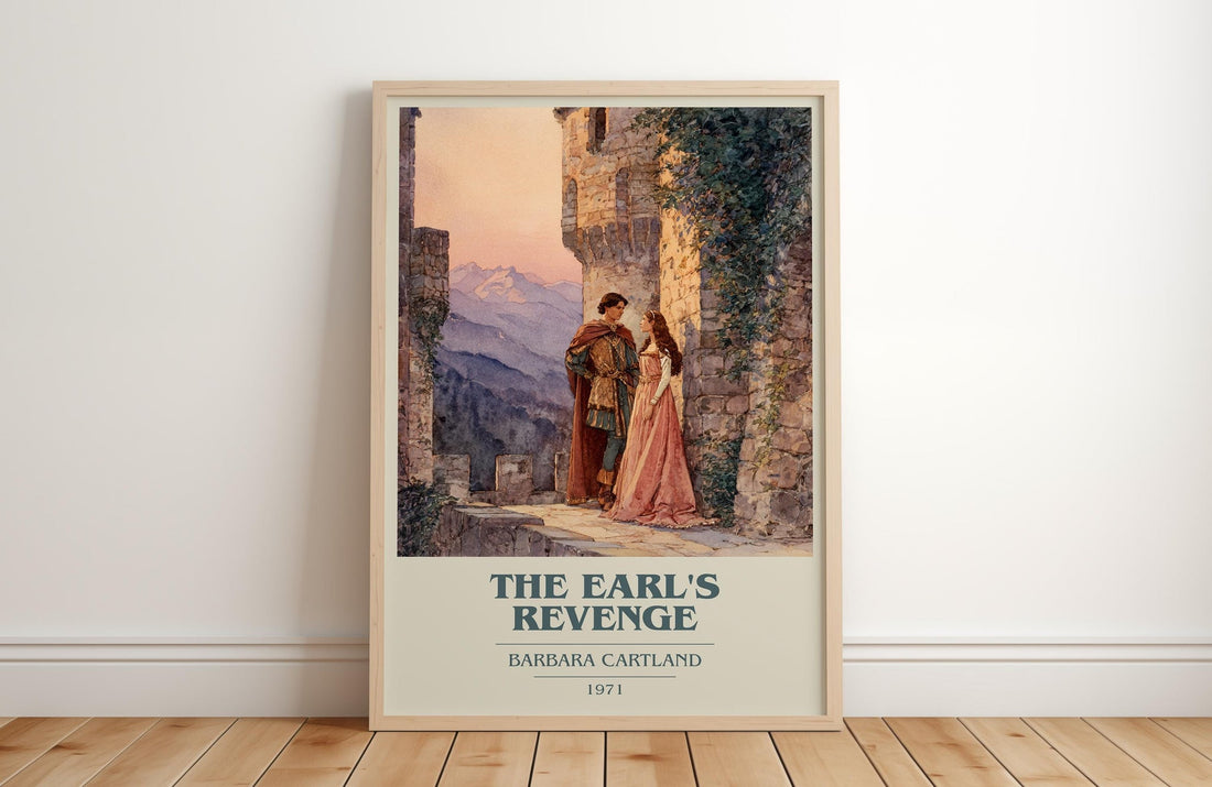 The Earl's Revenge book cover print in frame leaning in hallway – romance wall art (mockup)